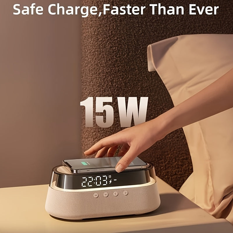 Fast 15W Wireless Charging Digital Alarm Clock Radio - 6 In 1 Bedside Clock With Dual Alarm, FM Radio, 12/24H USB Charger, Countdown Timer, RGB Mode, Wireless Speaker