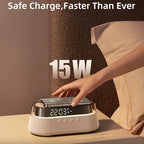 Fast 15W Wireless Charging Digital Alarm Clock Radio - 6 In 1 Bedside Clock With Dual Alarm, FM Radio, 12/24H USB Charger, Countdown Timer, RGB Mode, Wireless Speaker
