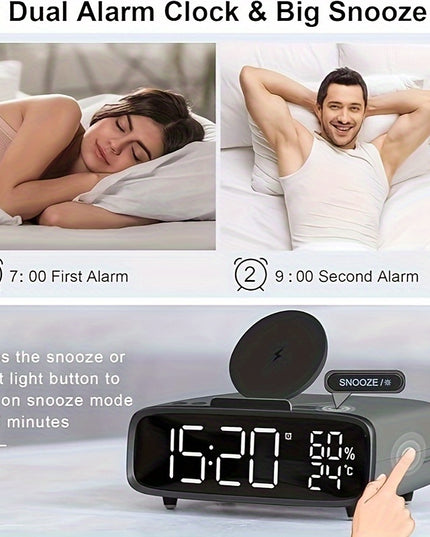6-in-1 Alarm Clock With Wireless Charging, USB Charging Port, Night Light Wireless Speaker, 3-level Brightness Digital Clock Temperature, 12/24 Hours, Bedroom Snooze Alarm Clock