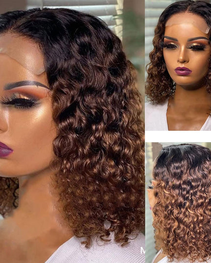 Women'S Deep Curly Lace Front Wigs Blonde Human Hair Wigs Women'S Short Curly Hair Mixed with Golden Small Curly Hair Black Brown (BK2)