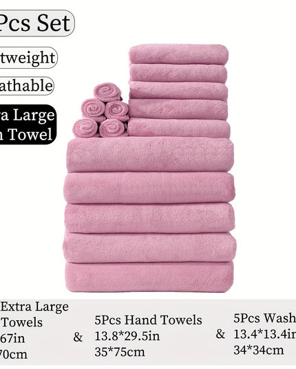 15pcs Ultra-Soft Microfiber Towel Set - Includes 300GSM Bath, Hand & Washcloths in Multiple Colors - Perfect for Home & Hotel Showers