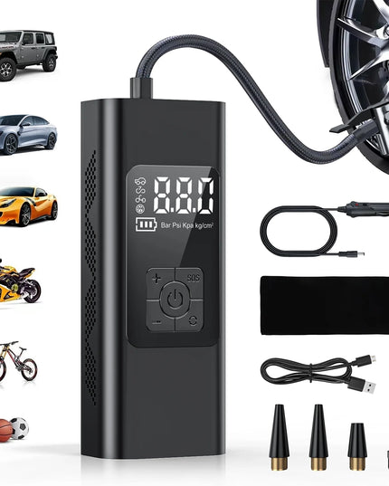 Tire Inflator, Portable 150 PSI Air Compressor Bicycle Pump with Digital Pressure Gauge, Cordless Rechargeable Tire Pump with Emergency LED Light, Mini Electric Air Pump for Car Bike Motorcycle Ball