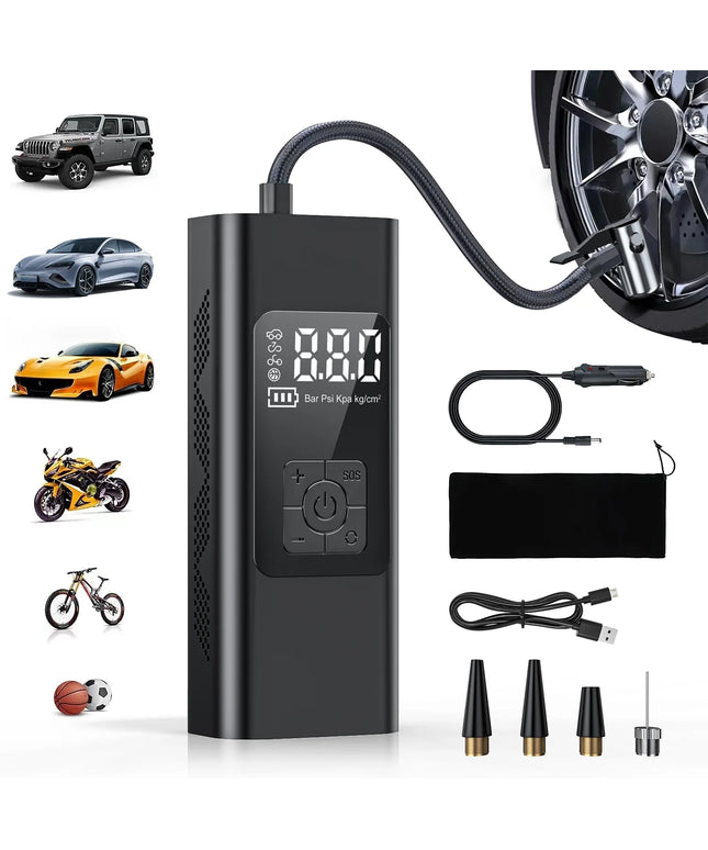 Tire Inflator, Portable 150 PSI Air Compressor Bicycle Pump with Digital Pressure Gauge, Cordless Rechargeable Tire Pump with Emergency LED Light, Mini Electric Air Pump for Car Bike Motorcycle Ball