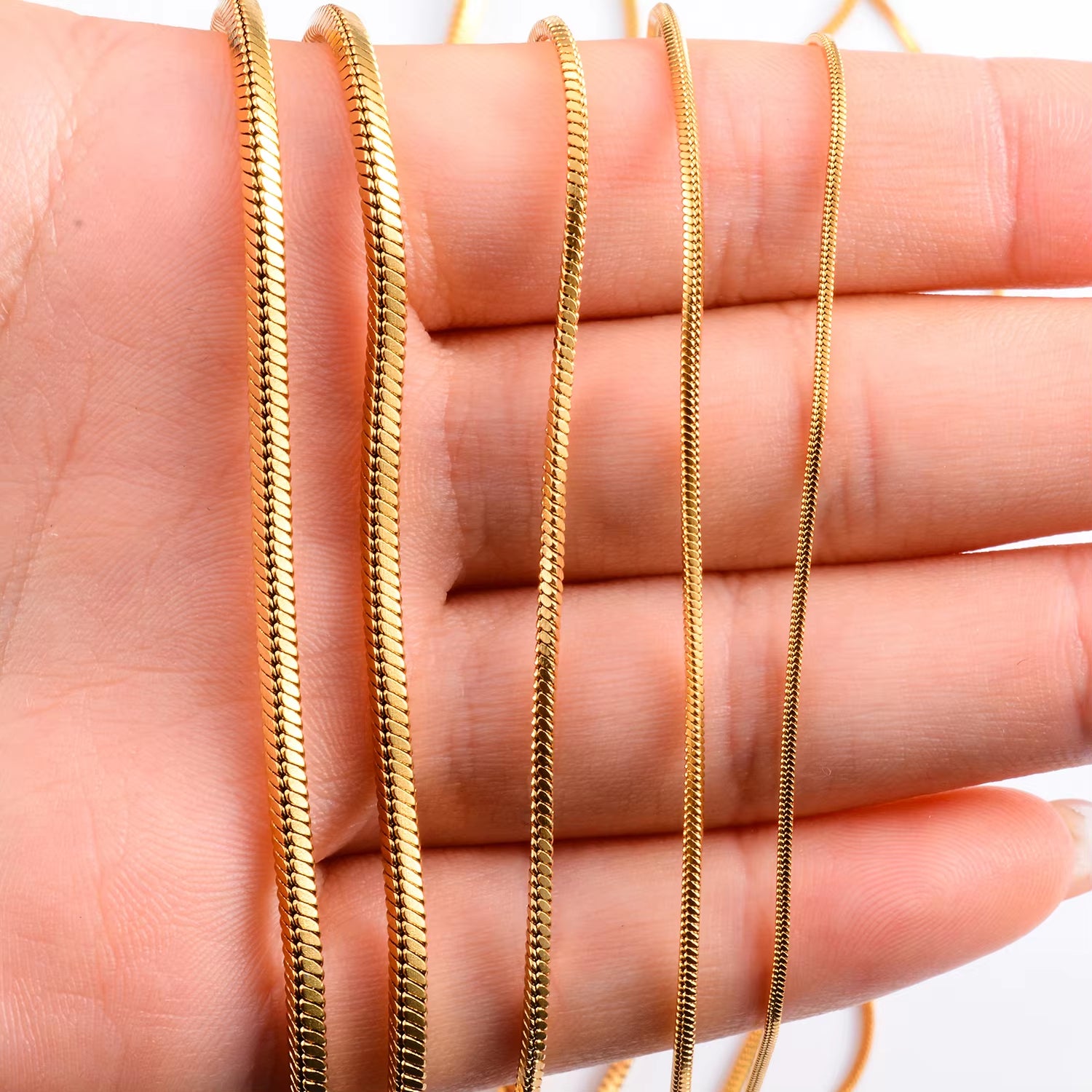 Witd Stainless Steel Square Snake Chain Necklace in Gold - Available in 0.9mm, 1.2mm, 1.5mm, 2mm, and 2.4mm for Men's and Women's Fashion Jewelry