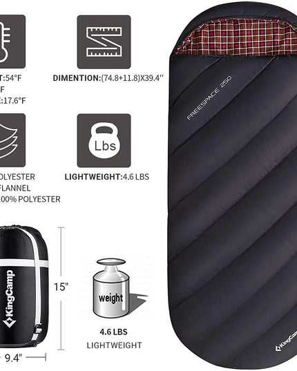 XL Camping Sleeping Bags 3 Seasons Oversized Lightweight Cotton Flannel Sleeping Bag Black