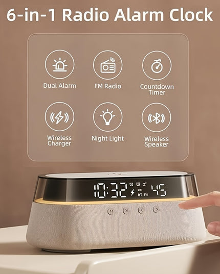 Fast 15W Wireless Charging Digital Alarm Clock Radio - 6 In 1 Bedside Clock With Dual Alarm, FM Radio, 12/24H USB Charger, Countdown Timer, RGB Mode, Wireless Speaker